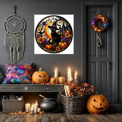 Halloween Cat Diamond Art Kits for Adult Diamond Painting Kit for Beginner | Black Cat 5D DIY Funny Diamond Dots Full Drill Crafts for Gem Art Dot Art for Adults Home Wall Decor for Teens 13.8x13.8 in - color: DP05332