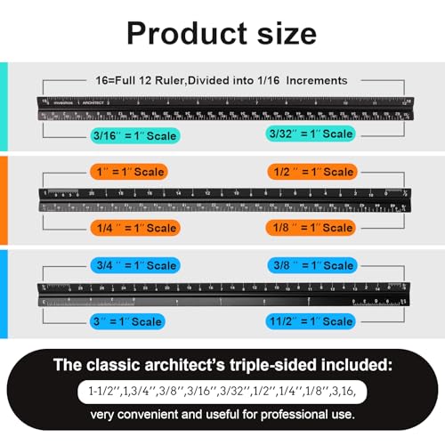Architectural Scale Ruler, Imperial Measurements 12'', Laser-Etched Aluminum Architect Triangular Ruler Black for Architects, Students, Draftsman, and Engineers by mveohos | Black, Laser-Etched Aluminum Architect Triangular Ruler for Architects, Students,