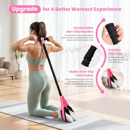 Rojvvec Pedal Resistance Bands with Handle 55LBS, Fitness&Workout Equipment | Upgraded TPR Tube and Soft Foam Fabric Foot Pedal, Exercise Bands Set, Sit Up Equipment for Stretching Training for Home Gym - color: Pink-Black