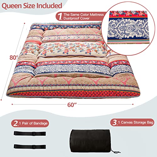 MAXYOYO Japanese Floor Mattress 4" Thick Queen Size Foldable Futon Mattress | Sleeping Pad Foldable Roll Up Mat Boys Girls Dormitory Pad Kids Floor Lounger, Bohemian D - color: Bohemian D, size: Queen