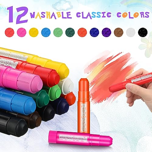 Fulmoon 16 Sets 192 Pcs WashableTempera Paint Sticks for Kids Solid Paint Sticks Bulk 12 Vibrant Colors Quick Dry No Mess Art Supplies for Paper Canvas Wood Glass Rock