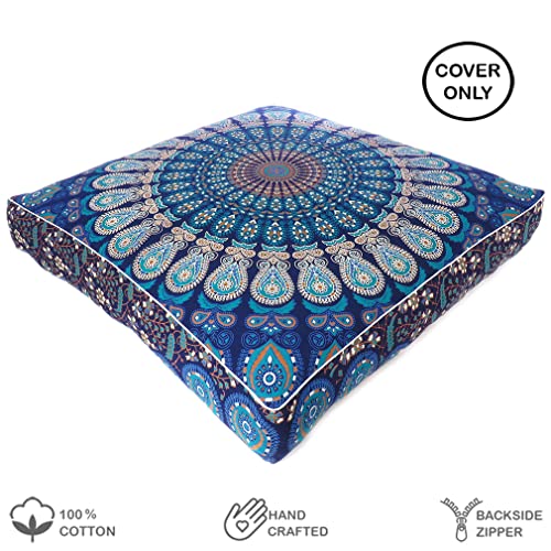 Mandala Floor Pillow Cover Meditation Cushion Seating Throw Hippie Round Colorful Decorative Bohemian Indian Pouf Ottoman Handmade Cover ONLY (Dark Blue-1, 35" x 35") - color: Dark Blue-1, size: 35" x 35" (Pack of 1)