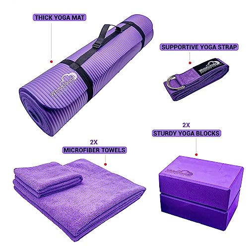 WHITECLOUDZ Yoga kit, 7-Piece Yoga Mat Set for Home Workouts, Thick Yoga Mat, Yoga Blocks, Strap, Yoga Towels & Carrying Bag, Exercise Mat with Yoga Equipment for Women & Men, Enhance Yoga Practice - color: Purple