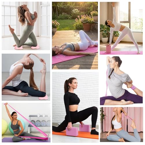 Foldable Non-Slip Yoga Mat and Blocks Set for Women, 9-Pcs Yoga Starter Kit - color: Pink