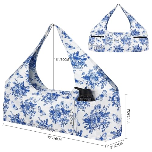 Large Yoga Mat Bag Yoga Bags and Carriers Fits All You Stuff Yoga Tote Bag with Yoga Mat Strap, Elastic Pockets and Zipper Pockets - color: white blue