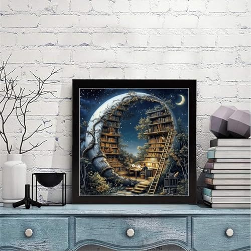 DAZZLEDOTS Diamond Art Kit, Book Forest Magic Moon Library Diamond Painting | 5D Diamond Art for Beginners DIY Full Drill Paint by Diamonds Dot Gem Art for Home Wall Decor 13.8x13.8inch - color: DT052