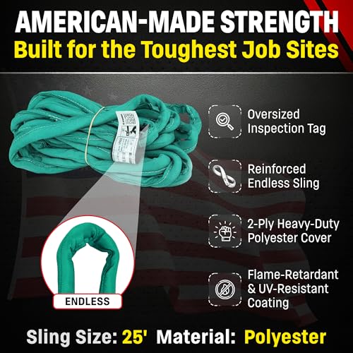 Chenango Supply VR2 25ft Green Endless Round Polyester Rigging Sling | USA Made, Double-Ply Cover, for Lifting & Material Handling, Capacity: 5,300 lb Vertical, 4,240 lb Choker, 10,600 lb Basket - size: 25 ft
