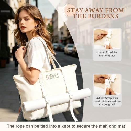 Mahjong Bag Storage Carrying Case for Tiles with Shoulder Strap (Beige) | 3-Bag System, External Mat Strap, Large Capacity, Lightweight Canvas, Reinforced Stitching, Fast Packing. - color: Beige