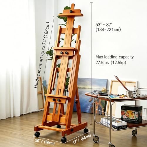 PHOENIX Versatile Studio H-Frame Easel - Solid Beech Wood with Locking Casters, Adjustable Angle & Height, Heavy Duty Canvas Holder with Storage Tray for Professional Artists - Light Walnut