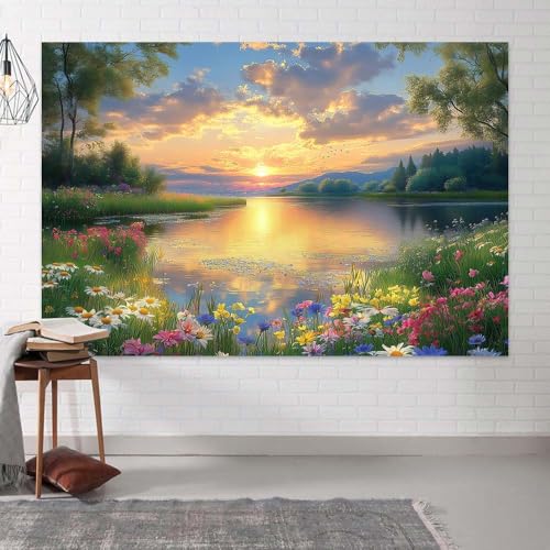 5X3ft Lake Natural Scenery Backdrop Spring Natural Scenery Flowers Landscape Mountain Forest Trees Flower Blue Sky Photography Background Picnic Camping Hiking Spring Travel Vacation Backdrop - color: Green, size: 5x3FT