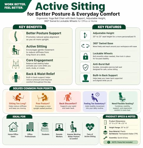 Aeromat Elite Yoga Ball Chair Active Sitting & Adjustable Height 250lbs Cap - color: Green