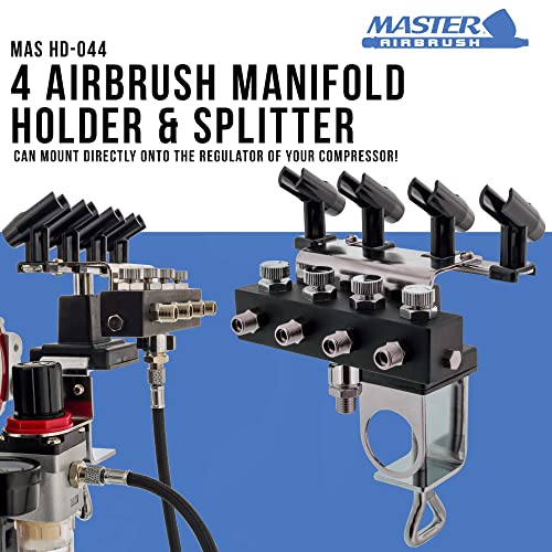 Master Airbrush Holder Station with 4-Way Air Splitter Manifold, Holds Up To 4 Airbrushes - Clamp on Work Table, Benchtop, Mount onto Compressor Air Filter Regulator - Regulated Hose Airflow Pressure