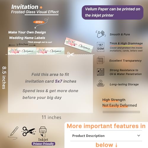 Thick Translucent Printable Vellum Paper 8.5 x 11, Oplymio 42 Sheets 167GSM | Smooth Heavy Weight Vellum Paper for Invitations, Embossing, Cardmaking, Crafts, Wedding Vellum Jackets, Overlays