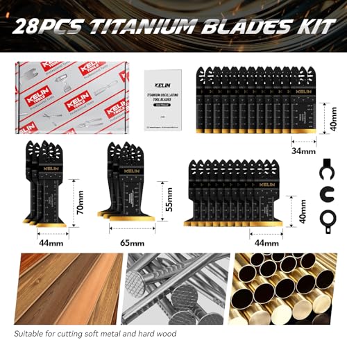28pcs Titanium Oscillating Tool Blades, Universal Multitool Blades | 4 Sizes Oscillating Tool Saw Blades Set for Metal and Wood Detail Cutting, Fit Bosch Fein Milwaukee Ryobi Dewalt - size: 28 PCS