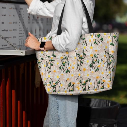 Large Beach Bag for Women Waterproof Foldable Travel Shoulder Tote Bag with Pocket for Weekender Pool Vacation - color: Daisy Beige