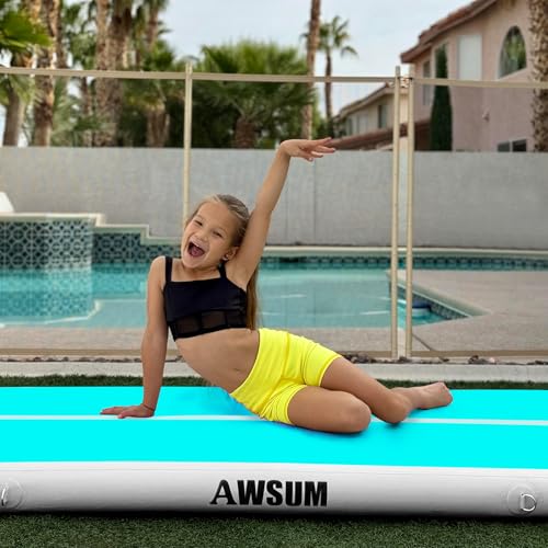 AWSUM Inflatable Gymnastics Mat with Air Roller Barrel Tumbling Equipment - color: Mint Green/White+Green/Black Roller, size: 10ft*3.3ft*4in&(L)40in*(Diam)23.6"