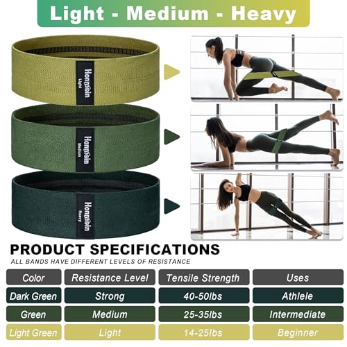 Resistance Bands for Working Out, 3 Levels Fabric Exercise Bands Set | Workout Bands Set for Women Men, Hip Legs Booty Bands for Home Fitness, Gym, Yoga, Pilates - color: Green
