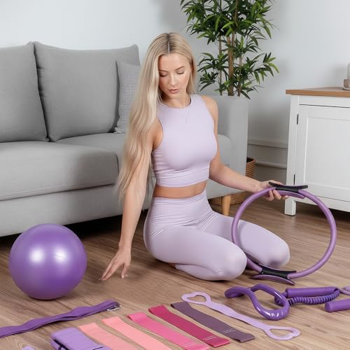 LiKiLiKi Pilates Ring and Ball Set, Home Pilates Equipment for Women with Resistance Bands, 12'' Magic Circle, 9.8'' Ball, for Strength, Toning and Flexibility, Fitness Essentials Starter Accessories - color: Purple