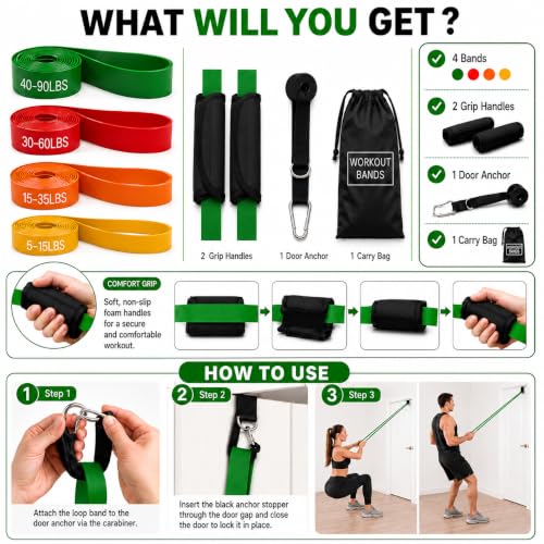 Resistance Bands for Working Out, 5-125LBS Pull Up Assist Bands Set - color: Green and Others With handle