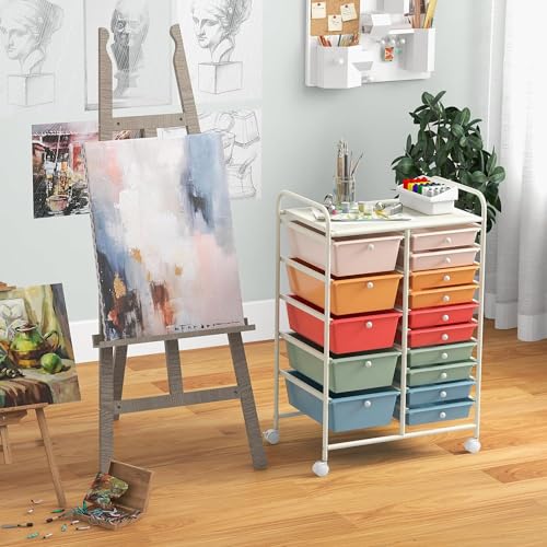 15 Drawer Rolling Storage Cart, Rolling Cart with Drawers for Classroom, Art Supply Craft Organizer on Wheel with Metal Frame & Handles for Home Office School - color: Macaron, size: 15 Drawer