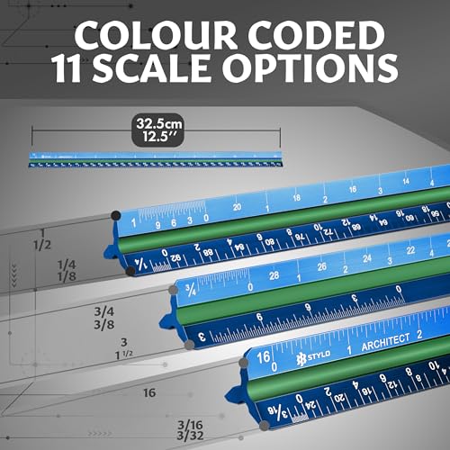 Stylo Architectural Scale Ruler, 12 Inch Aluminum, Blue Imperial | Laser Etched Triangular Drafting Scale, Color Coded Grooves, for Blueprints and Floor Plans, Cloth Pouch Included - color: Blue, size: 12 inch (Imperial)