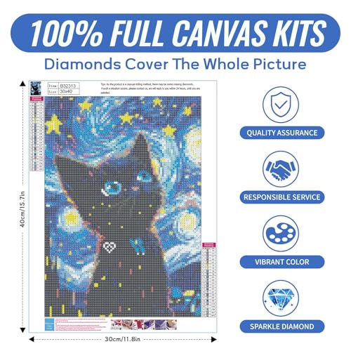 SANYUN Cat Diamond Art Kits for Adults, Starry Night Black cat, 12x16 inch | Fun DIY Crafts for Beginners, Round Diamond Art Canvas, Animal Gem Art painting, Creative Home Office Decor and Festival Gift - color: B-001 Black Cat