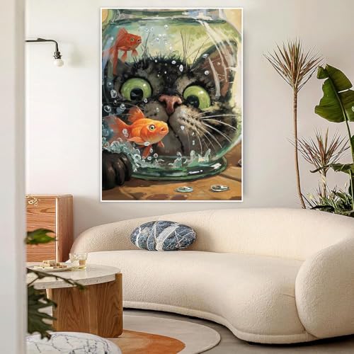 Cat Fish Funny Paint by Numbers Kit for Adults Canvas, Frameworkless | Easy Adult Paint by Number Kits on Canvas DIY Cat Fish Funny Painting for Beginners Art by Numbers for Home Wall Decor Gift - color: YH02649