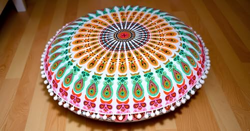 CRAFT KALA 22 Inch Meditation Floor Pillow Cover Round Pillow Seating Hippie Decorative Adults Bohemian Mandala Cushion Cover Outdoor Living Room Throw Ottoman Poufs Cover 22", Musturd Mirchi - color: Musturd Mirchi, size: 22"