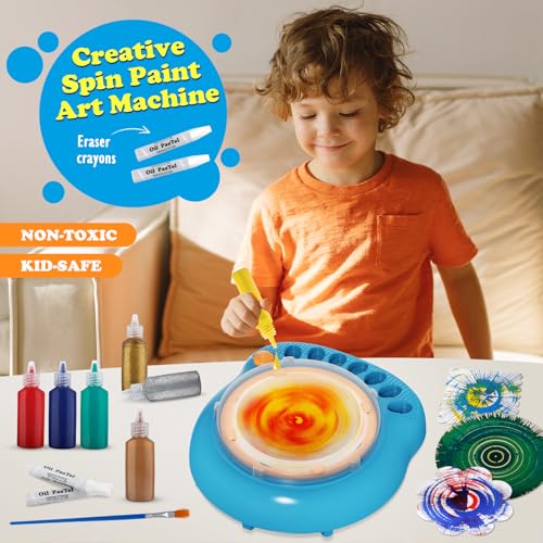 Spin Art Machine for Kids, Paint Spinner Arts & Crafts Gift Kit, Ages 4-12 | Includes machine, 36 artboards, 7 washable paints & splatter guard. Easy-clean, screen-free STEAM gift for girls & boys - color: Blue