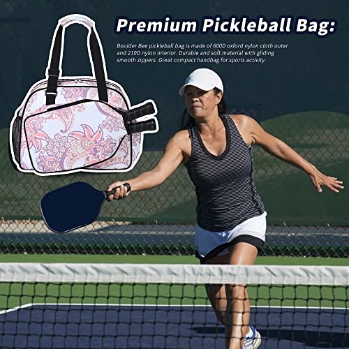 Boulder Bee Pickleball Tote Bag for Women with Paddle Holder | Fits 2 paddles. 2 side pockets for water bottle. Lightweight. Vintage floral patterns. Perfect gym & court bag. - color: Pink cashew flower