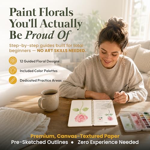 Only Zest Watercolor Workbook for Beginners - 320 GSM Paper, 6.49 x 9 in | 12 Guided Floral Paintings, Spiral Coloring Book with Step-by-Step Guides - Relaxing & Easy Workbook Kit for Adults