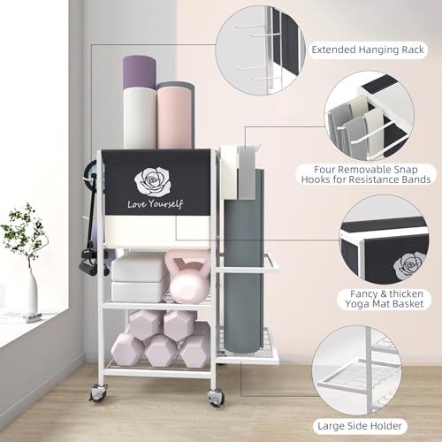 Yoga Mat Storage Rack,Home Gym Storage Rack Gym Workout Equipment Storage Organizer Fitness Weight Rack on Wheels for Yoga Mat,Yoga Block,Foam Roller,Resistance Band,Dumbbell,Kettlebell and Other Workout Accessories - color: White