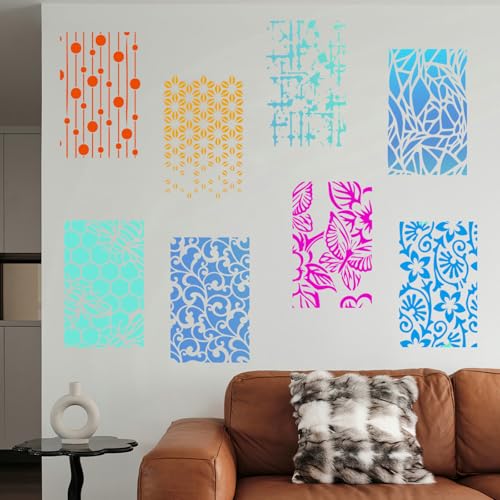 8PCS Geometric Stencils for Painting, Reusable Large Size Geometric Painting Stencils Abstract Layering Stencil for Painting on Wood Canvas Furniture Wall Floor Decor Drawing DIY Art Supplies - style: Geometric-2