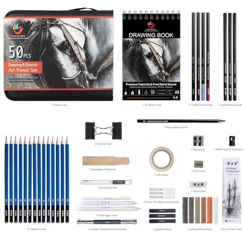 H & B 50PCS Drawing Sketch Pencils Art Supplies Kit with A5 Sketchbook | Pro Graphite, Charcoal Pencils & Pastel Kit, Travel Art Case Set, Ideal Drawing Set for Artists, Beginners and Adults