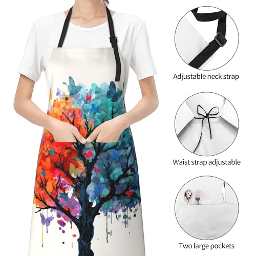 Art Apron with Pocket for Women Men | Kitchen Aprons Chef Apron for Cooking Baking BBQ Painting Gardening - color: Colorful Tree With Butterflies