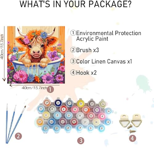 AALBLAC Cow Paint by Numbers for Adults- Highland Cow Paint by Numbers Kit for Adults Beginners,DIY Easy Acrylic Paint by Number Canvas for Home Wall Decor 16x16 inch - color: Cow Flowers-40X40