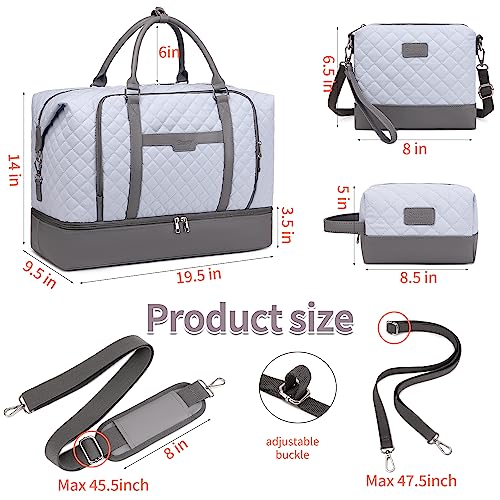 Weekender Bag, Large Travel Duffel Bag for Women, Carry on Overnight Bag with Shoe Compartment and Toiletry Bags - color: B-Light-Blue