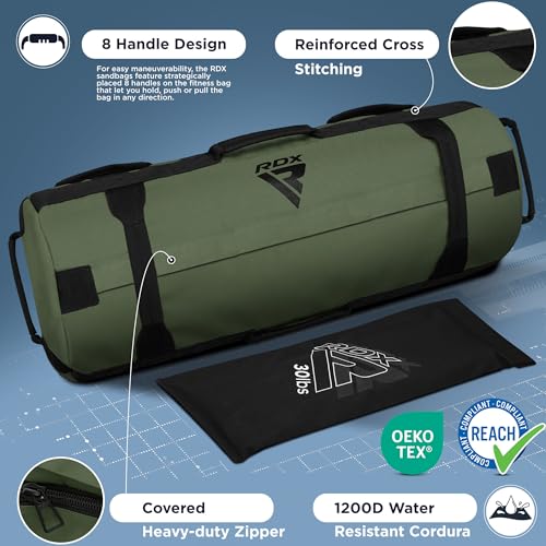 RDX Sandbag for Fitness Weights Training, Unfilled Power Bags with Handles, 5-200 LBs Adjustable Weighted Slam Bag for Strength Powerlifting Running Heavy Workout Home Gym Exercise, Sold AS UNFILLED - color: ARMY GREEN, size: 125 TO 200 LB