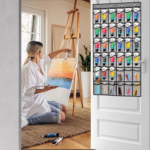 TEMUORG Hanging Acrylic Paint Tubes Organizer Over the Door Art Supplies Storage Markers 36 Pocket Holder for Pastels Crayons Brushes Tools (Grey) - color: Grey