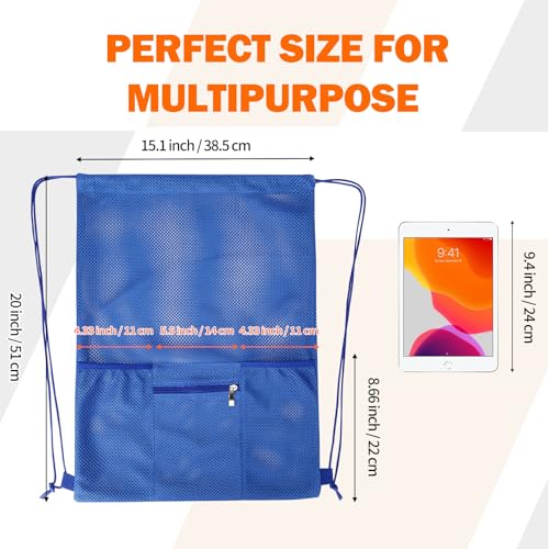 NATURAL STYLE Mesh Drawstring Backpack Bag, Gym Sports Bag with Zipper Pocket Bottle Holder, String Beach Bag for Swiming Travel (Blue) - color: Blue