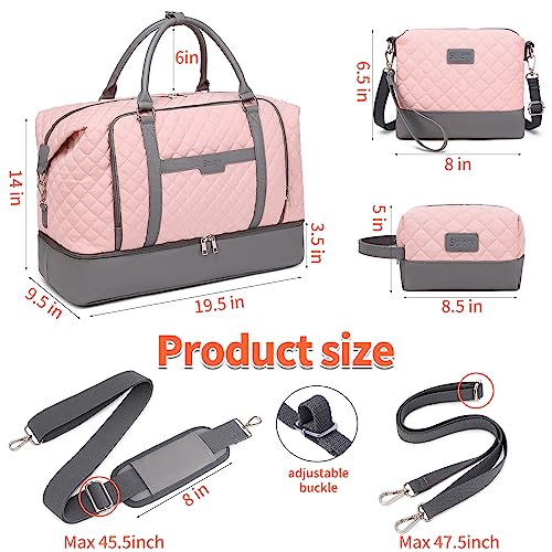 Weekender Bag, Large Travel Duffel Bag for Women, Carry on Overnight Bag with Shoe Compartment and Toiletry Bags - color: Pink-Grey