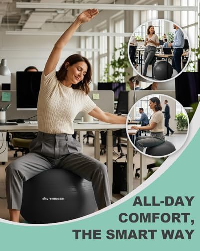 Trideer Yoga Ball Chair with Base for Office Desk, Exercise & Stability Ball Seat, Pilates Ball for Core Training, Pregnancy Ball, Back Pain Relief & Active Sitting - color: Black, size: L(23-26inches/58-65cm)