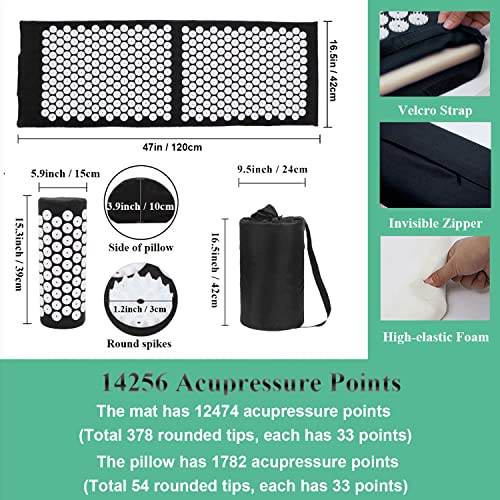 XiaoMaGe 47" Acupressure Mat and Pillow Set with Carry Bag (Black) | Large acupuncture mat for neck & back pain relief, muscle relaxation, circulation support, and post-workout recovery - color: Black-large