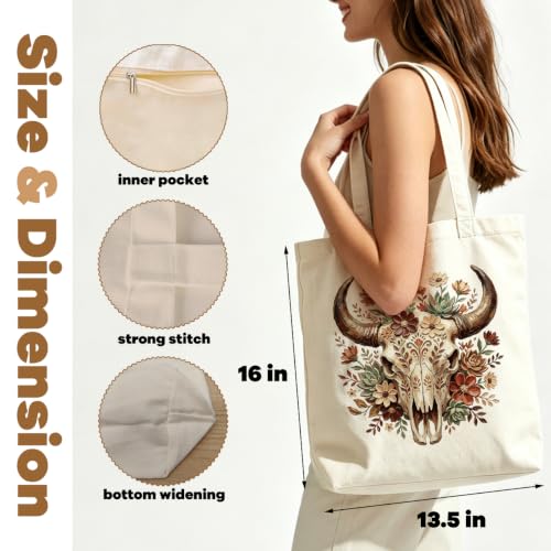 VICBOU Western Cow Skull Canvas Tote Bag for Women Girls, Cowgirl Shoulder Bag with Pocket for Beach Shopping Work - color: Bullskull01