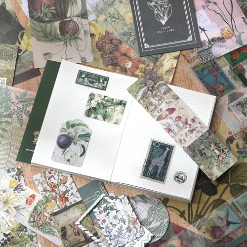 Scrapbook Photo Album Supplies Kit with Tweezers and Glue Tape, Green Aesthetic Vintage Junk Journal Scrapbooking Paper, Sticker Pack, Notebook Craft Supplies, DIY Gift for Adult Men Women (Wild Dome) - color: Wild Dome