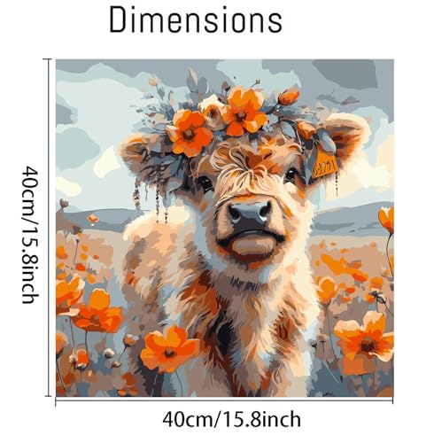AALBLAC Cow Paint by Numbers for Adults - Highland Cow Flower Paint by Numbers for Adults Beginners, Acrylic Simple Paint by Number Canvas for Gift Home Decoration (16x16 Inch) - color: Highland Cow Flower-40X40