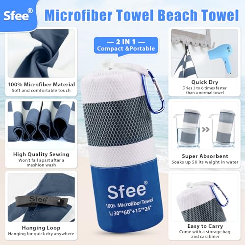 Sfee 2 in 1 Microfiber Beach Towel, Quick Dry Towel Camping Towel Travel Towel Super Absorbent Compact Lightweight Sports Gym Towels Set for Beach, Gym, Hiking, Pool, Backpacking, Bath, Yoga - color: Navy Blue Stripe, size: L 60"x30"+24"x15"