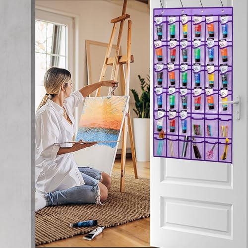TEMUORG Hanging Acrylic Paint Tubes Organizer Over the Door Art Supplies Storage Markers 36 Pocket Holder for Pastels Crayons Brushes Tools (Purple) - color: Purple