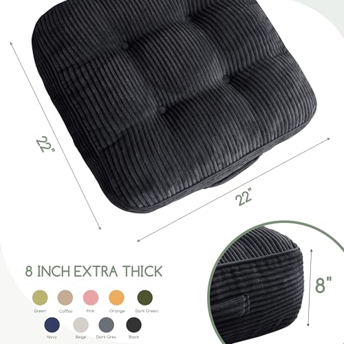 HIGOGOGO 8" Extra Thick Floor Pillow Cushion for Adults, Meditation Cushion Pillow, Large Square Floor Sitting, Tufted Corduroy Cover, for Tatami Living Room or Yoga, 22x22 Inch, Black - color: Square Black, size: 8" Thick(Pack of 1)