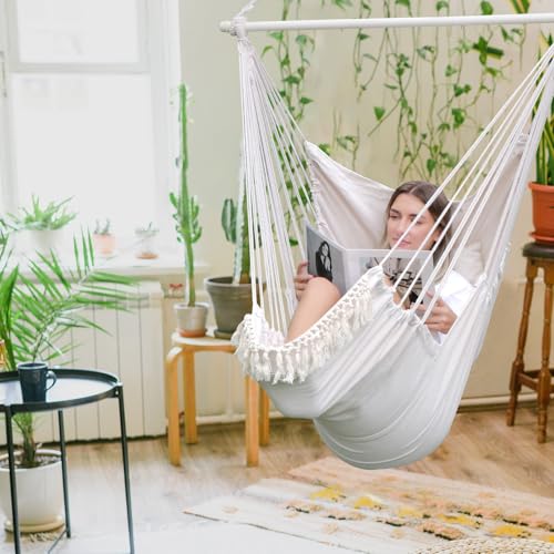 Chihee Hammock Chair Foot Rest 2 Cushions Max 485 lbs Metal Spreader Bar | Robust Hanging Chair Soft Cotton Blended Swing Collapsible Easy Storage Strong Strap Iron Carabiner Pocket Indoor Outdoor - color: Creamy White